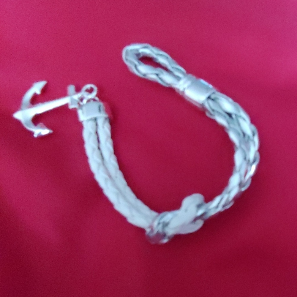 Silver Rope & White Rope Bracelet w Silver Anchor
